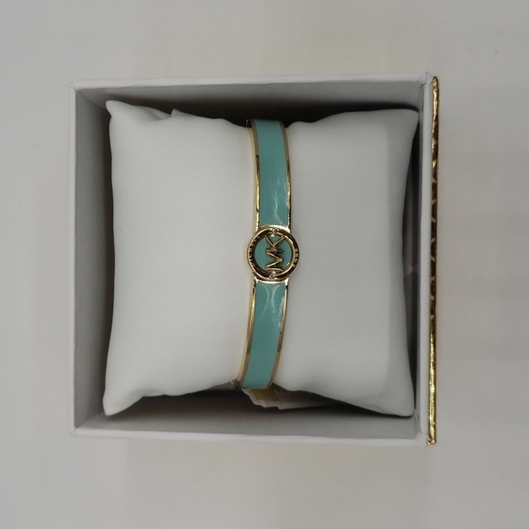 286- MICHAEL Michael Kors Haute Gold Tone AQUA Enamel Bangle Bracelet NWT - Picture 8 of 12